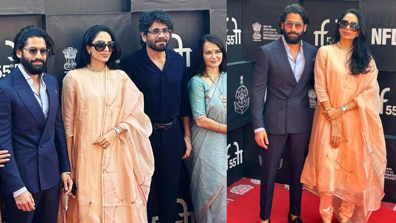 Nagarjuna, wife Amala pose with son Naga Chaitanya and daughter in law to be Sobhita Dhulipala at IFFI