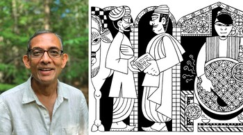 Economist Abhijit Banerjee (left), and Cheyenne Olivier's illustration for the chapter titled the Trust and Trade in 'Chhaunk'. (Images courtesy Juggernaut)
