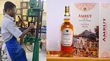 A worker sealing whisky bottles at the Amrut distillery in Bengaluru; and Amrut Distilleries' latest release: City of Joy single malt, dedicated to the spirit of Kolkata.