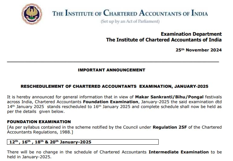 ICAI CA January 2025 Foundation Exam Schedule Revised; Check Official Notice Here ICAI CA January 2025 Foundation Exam Schedule Revised; Check Official Notice Here