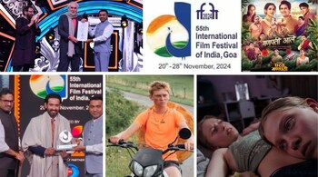 The winners at the 55th IFFI: (clockwise from top, left) Australian director Phillip Noyce; Bollywood actor Vikrant Massey; poster of Marathi film Gharat Ganpati; IFFI 2024 logo; a still from Best Film 'Toxic'; still from French film 'Holy Cow', which won two awards.