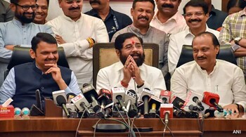 Maharashtra CM-elect Devendra Fadnavis, Shiv Sena's Eknath Shinde and NCP's Ajit Pawar addressing a press conference after staking claim to form a government. (ANI photo) 