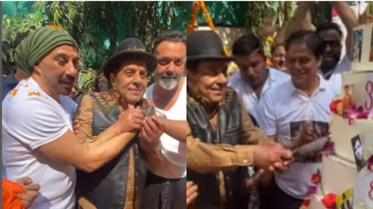Dharmendra celebrates his 89th birthday by cutting a huge cake, sons Sunny and Bobby join him