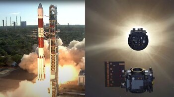 LIFTOFF of Proba3 on PSLV-XL rocket from Satish Dhawan Space Centre in Sriharikota, India a on 5 December 2024 and An artist impression of Proba-3's occulter eclipsing Sun for coronagraph spacecraft. (Image: ESA)