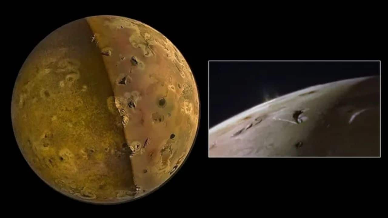 NASA’s Juno probe captured stunning images of Jupiter’s volcanic moon Io, featuring detailed views of plumes rising from its surface. (Image: NASA)