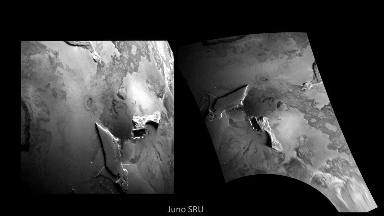 This black-and-white visible wavelength (450-1,100 nm) image of Io's surface was taken by the Stellar Reference Unit (SRU) aboard NASA's Juno spacecraft during a close flyby of the volcanic moon on Dec. 30, 2023. (Image: NASA)