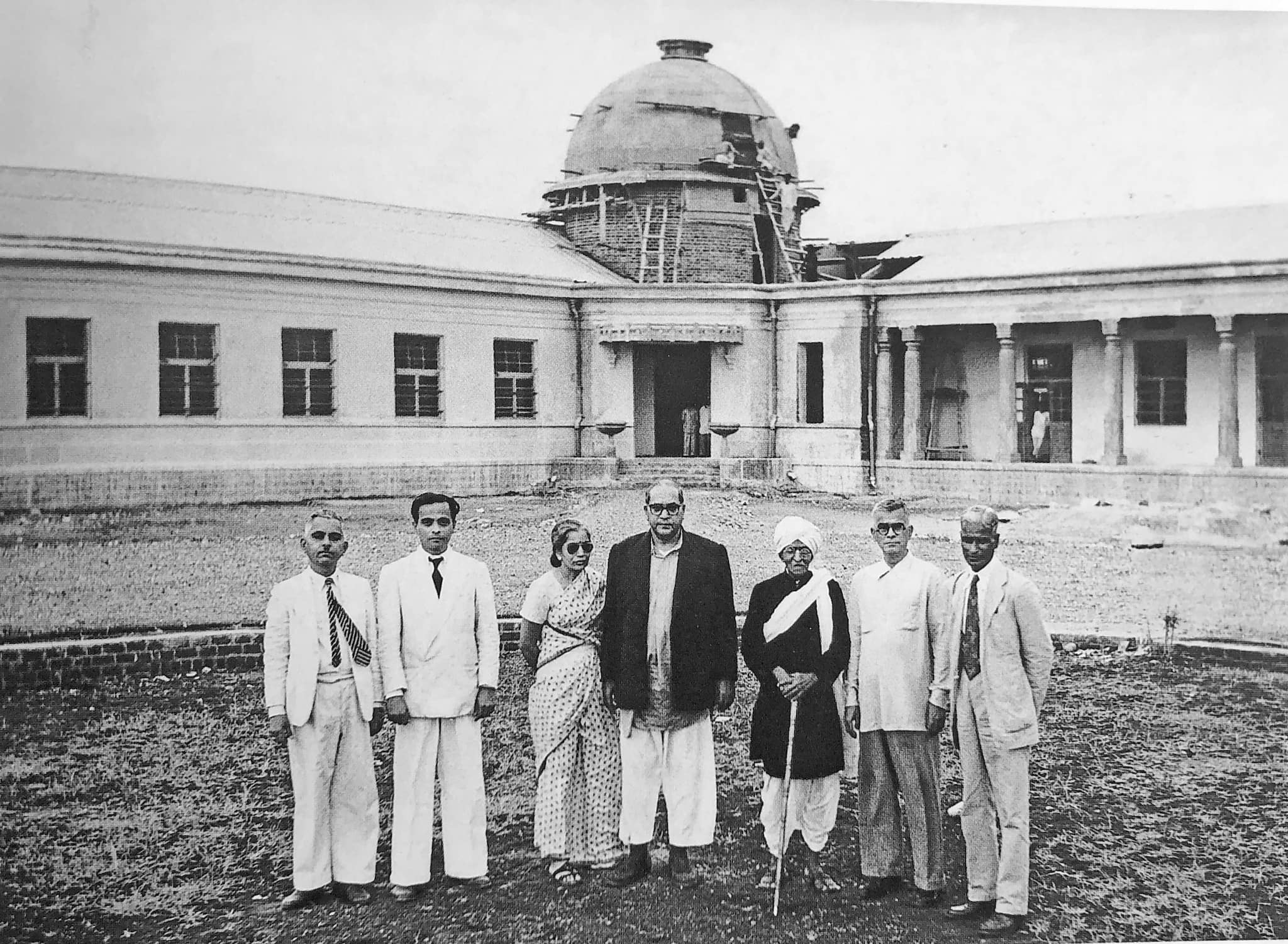 "The People’s Education Society, founded by Ambedkar in July 1945, established Siddharth College in Mumbai (1947) and Milind College in Aurangabad (1950). The architectural plan was made under Ambedkar’s directions. In this picture taken at Milind College on 9 July 1953, Ambedkar is with (from left) the architect Narvekar, principal M. B. Chitnis, Savita Ambedkar, S. K. Bole, Kamalakant Chitre and B. H. Varale." (Caption from 'A Part Apart' by Ashok Gopal; image from the archival collection of Vijay Surwade, courtesy of Navayana)