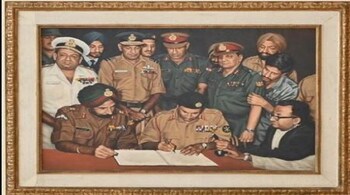 The painting portrays the surrender of the Pakistani Army in Dhaka, Bangladesh.