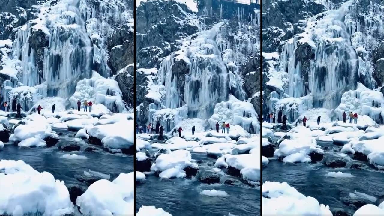 Drung's frozen waterfall turns into a major tourist attraction in Kashmir this winter