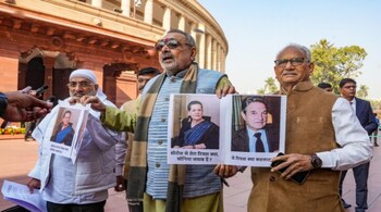 BJP MPs stage a protest over Congress leader Sonia Gandhi's alleged links with an organisation funded by the George Soros Foundation. (PTI)