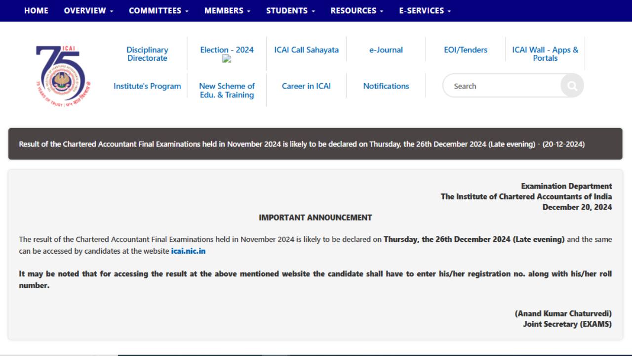 ICAI CA Final November 2024 Result to be Declared on Dec 26, Check Notice Here