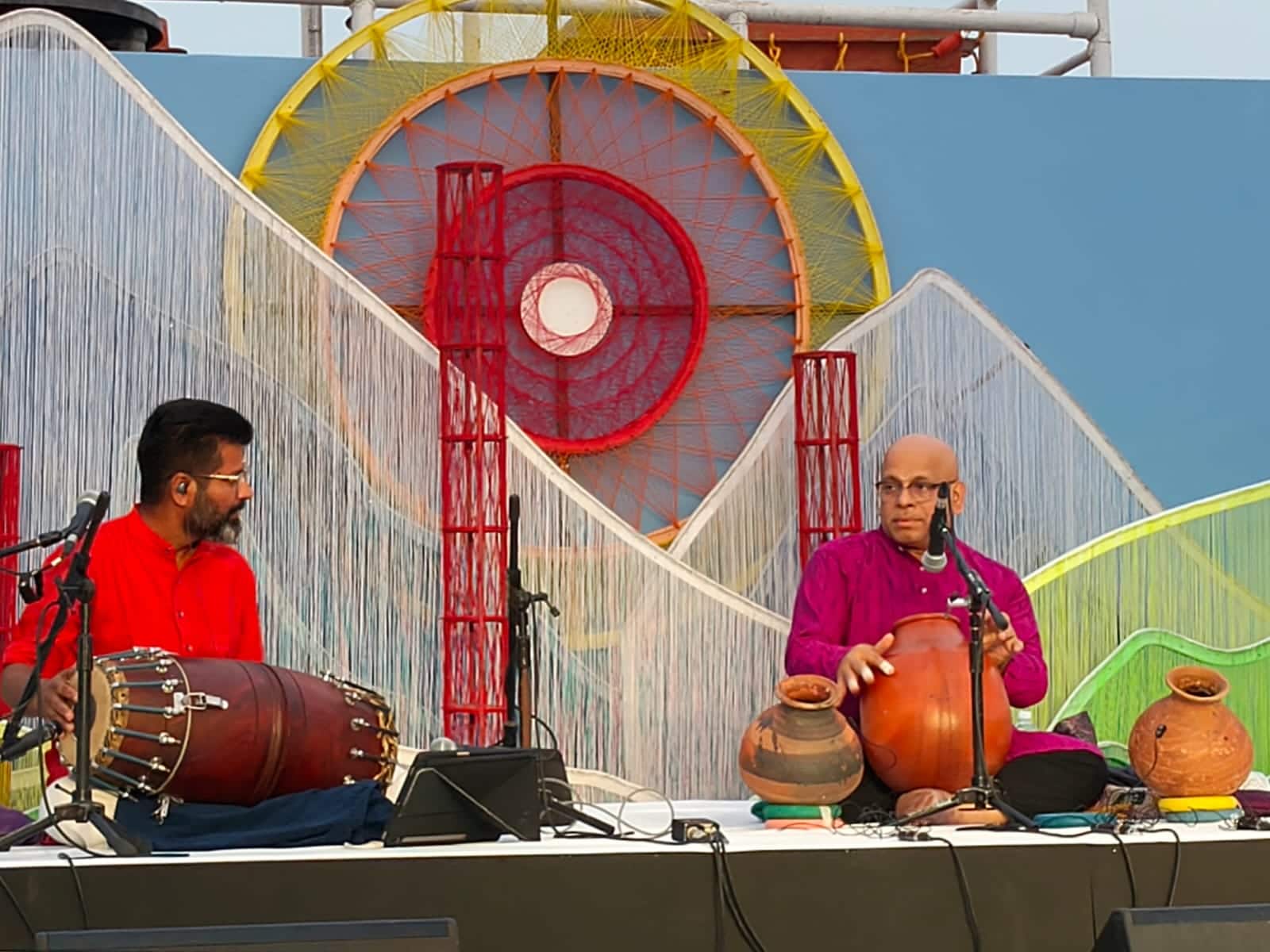 Mridangam player BC Manjunath (left) and ghatam player Suresh Vaidyanathan at River Raga on river Mandovi, part of Serendipity Arts Festival 2024, Goa,