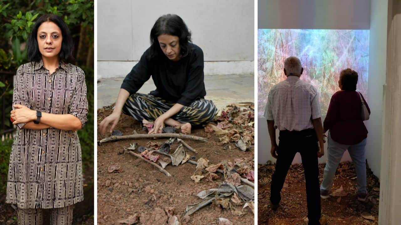 Radhika Agarwala (left); a work-in-progress moment from her installation; visitors experiencing the installation 'Frequencies in the Forest' at Serendipity Arts Festival 2024, Goa. 