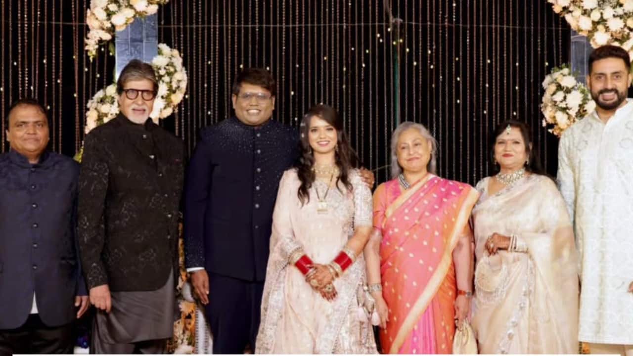 Amitabh Bachchan, Jaya Bachchan and Abhishek Bachchan at ABCL corp MD Rajesh Yadav's son’s wedding in Mumbai