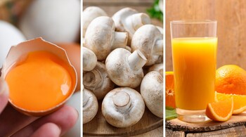 To stay healthy, it's important to get some sun, eat vitamin D-rich foods like egg yolk, mushrooms and orange juice, and take supplements if needed (Images: Canva)