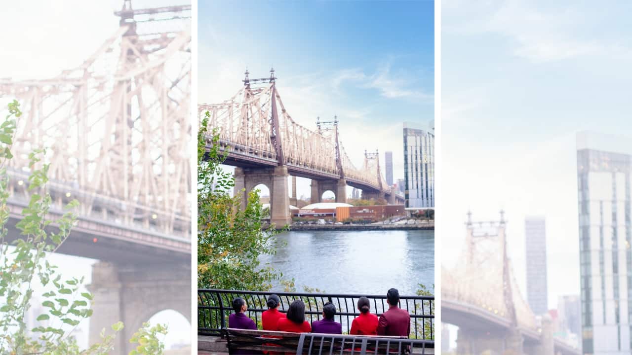 7. Recreating Woody Allen's Romantic Manhattan Moment Lastly, the crew drew inspiration from Woody Allen's Manhattan, recreating the famous scene beneath the Queensboro Bridge. This iconic location, immortalized in the film’s poster, encapsulates the romantic essence of New York City’s urban landscape. (Image: Air India)