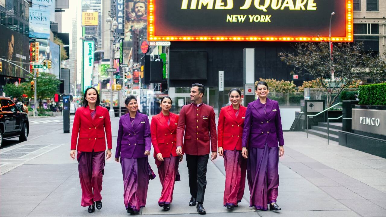 4. Immersing in the Vibrancy of Times Square In Times Square, the crew took in the vibrant lights that have appeared in films like Vanilla Sky and Bollywood’s Kal Ho Naa Ho. The bustling intersection, with its neon brilliance, captures the excitement and energy of New York City. (Image: Air India)