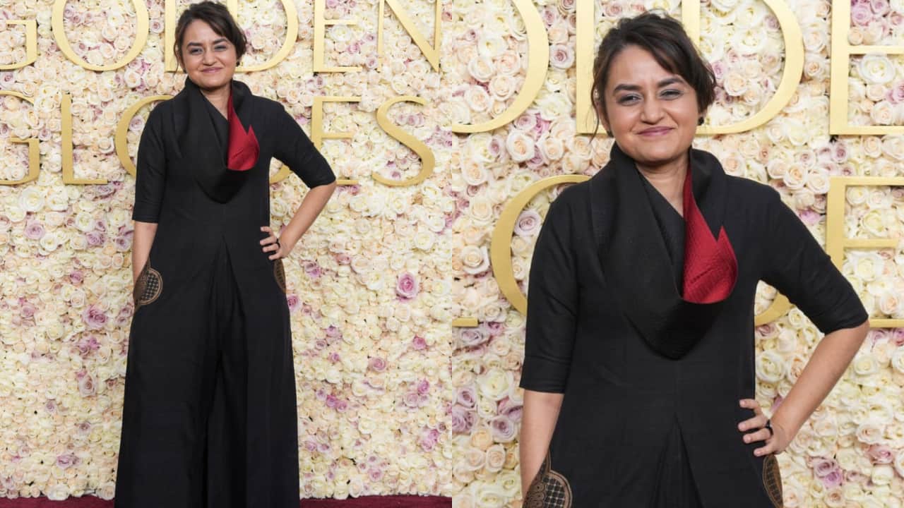 All We Imagine As Light's Payal Kapadia smiles on Golden Globes Red Carpet in Payal Khandwala's handwoven silk jumpsuit