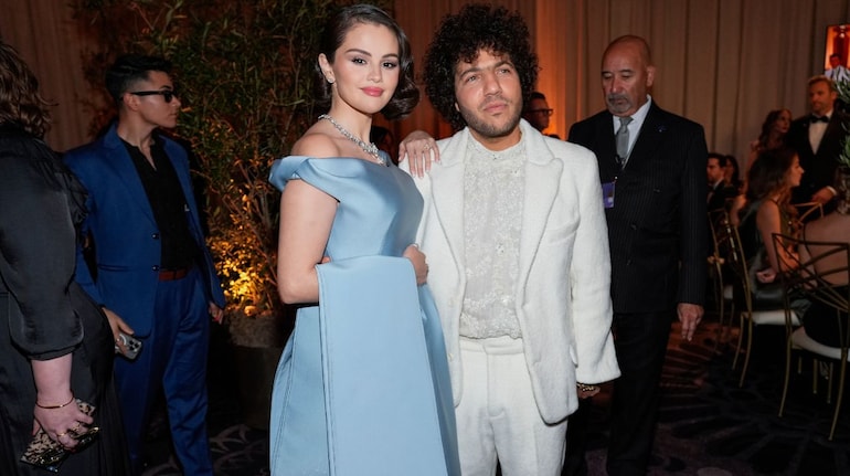 Golden Globe Awards 2025: Selena Gomez stuns in a crystal-blue gown with  fiance Benny Blanco