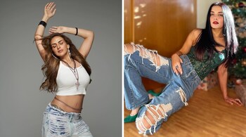 While Esha Deol posed for a glam photoshoot in a classic white crop top paired with ripped acid-wash jeans, Celine Jaitley paired her ripped denim with a lacy green top and matching green pumps, keeping her hair straight and makeup natural to pose for holiday photos around her Christmas tree (Images: @imeshadeol, @celinajaitlyofficial/Instagram)