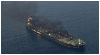 Flames and smoke rising from the Greek-flagged oil tanker Sounion, which was on fire since August 23, after an attack by Houthi militants, on the Red Sea. (Courtesy: Reuters file photo)