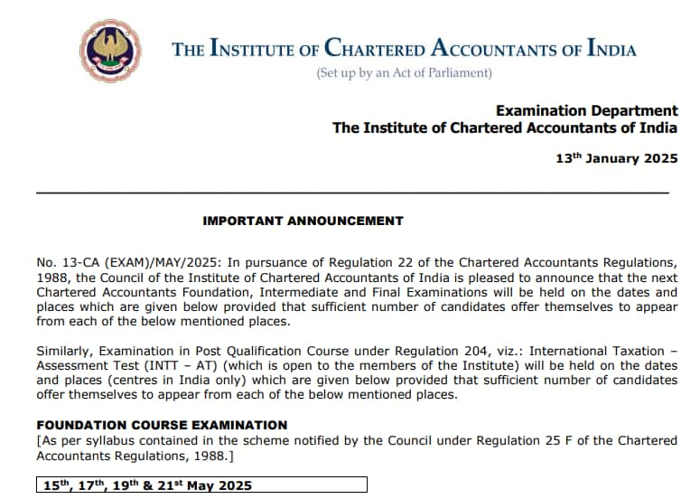 ICAI CA May 2025 exam dates out @ icai.org; check complete schedule here