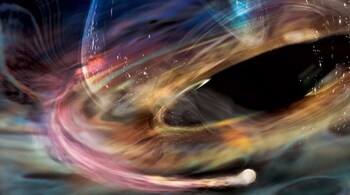 An illustration depicts a white dwarf balancing precariously near a supermassive black hole's edge of destruction. (Image: NASA)