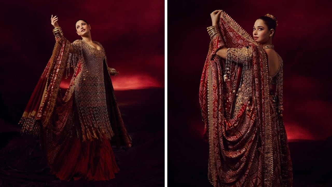 Tamannaah Bhatia turns muse for designers Abu Jani Sandeep Khosla, looks regal in a maximalist red outfit