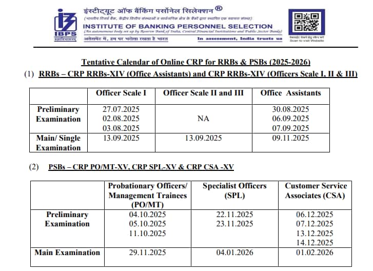 IBPS Exam Calendar 202526 (OUT) RRB Clerk, PO, SO, MT, SPL, CSA exam