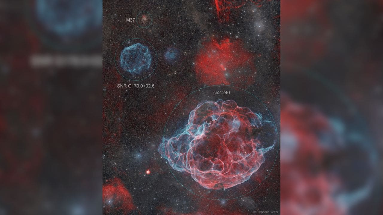 SUPERNOVA REMNANATS: Two supernova remnants captured in a striking image: SNR G179.0+02.6, about 50,000 years old, and the Spaghetti Nebula, 40,000 years old, both about the same size despite their apparent differences. SUPERNOVA REMNANATS: Two supernova remnants captured in a striking image: SNR G179.0+02.6, about 50,000 years old, and the Spaghetti Nebula, 40,000 years old, both about the same size despite their apparent differences.