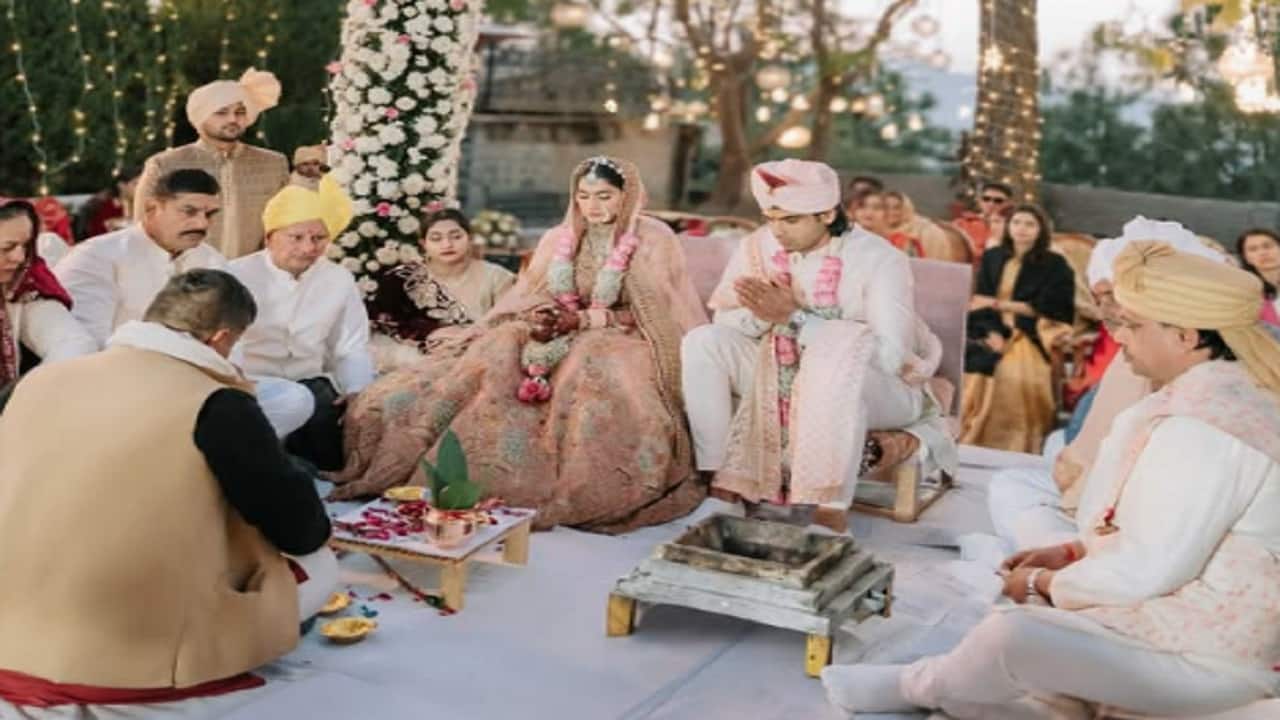 Neeraj Chopra with wife Himani during the couple's marriage