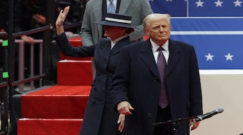 U.S. President Donald Trump and first lady Melania Trump arrive at Capital One arena on the inauguration day of his second presidential term, in Washington, U.S., January 20, 2025.