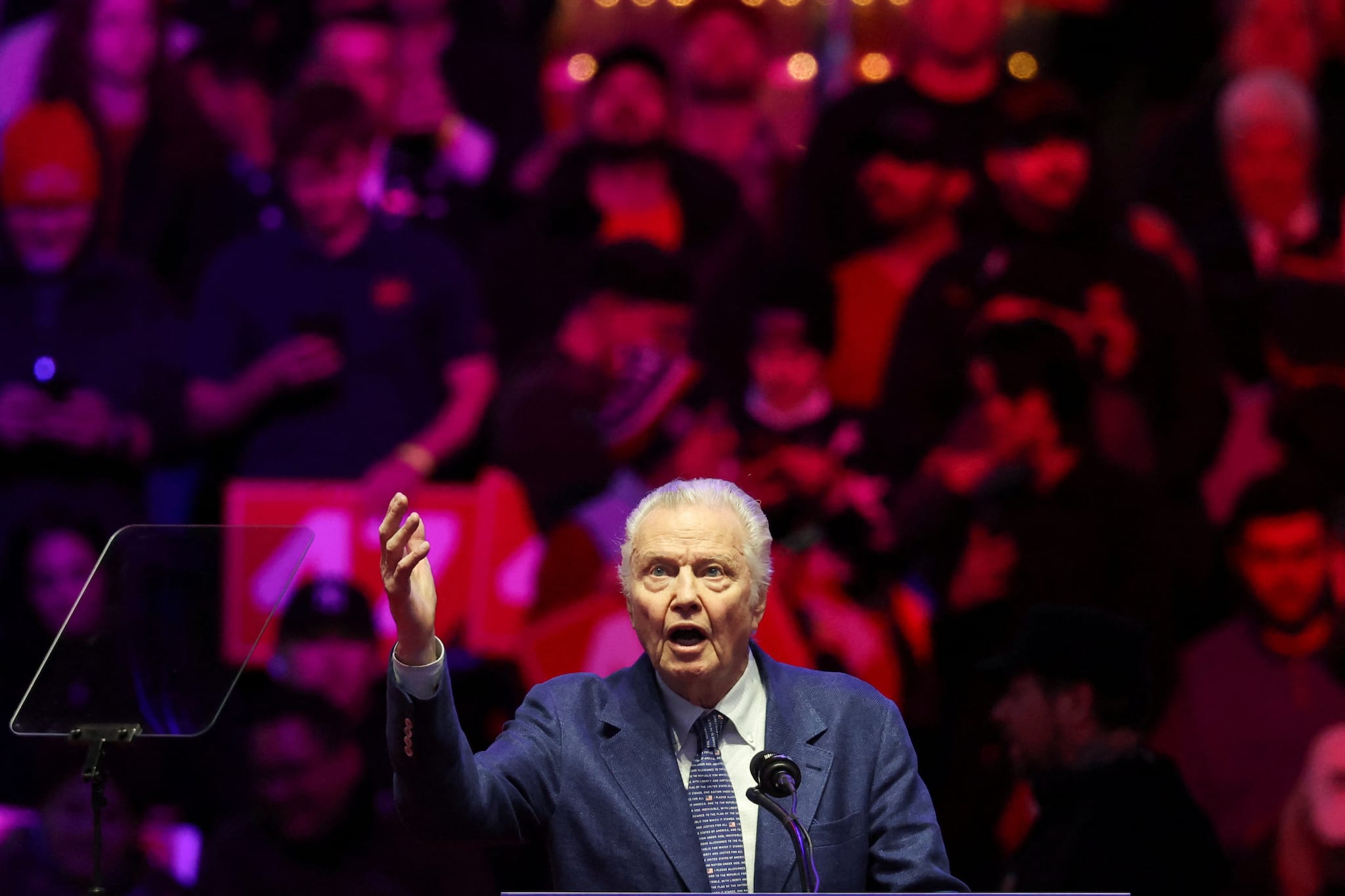 Actor Jon Voight speaks during a rally for U.S. President-elect Donald Trump the day before he is scheduled to be inaugurated for a second term, in Washington, U.S., January 19, 2025. REUTERS/Evelyn Hockstein