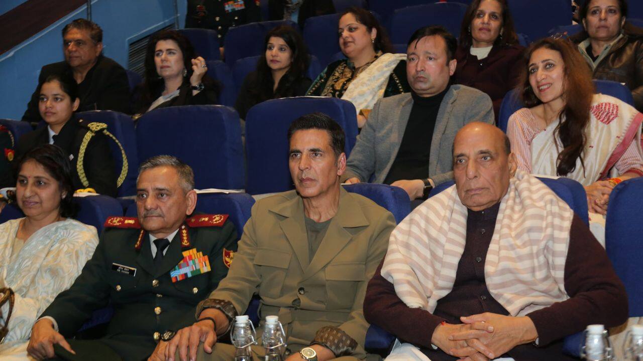 Akshay Kumar, Veer Pahariya join Defence Minister Rajnath Singh for special screening of Sky Force