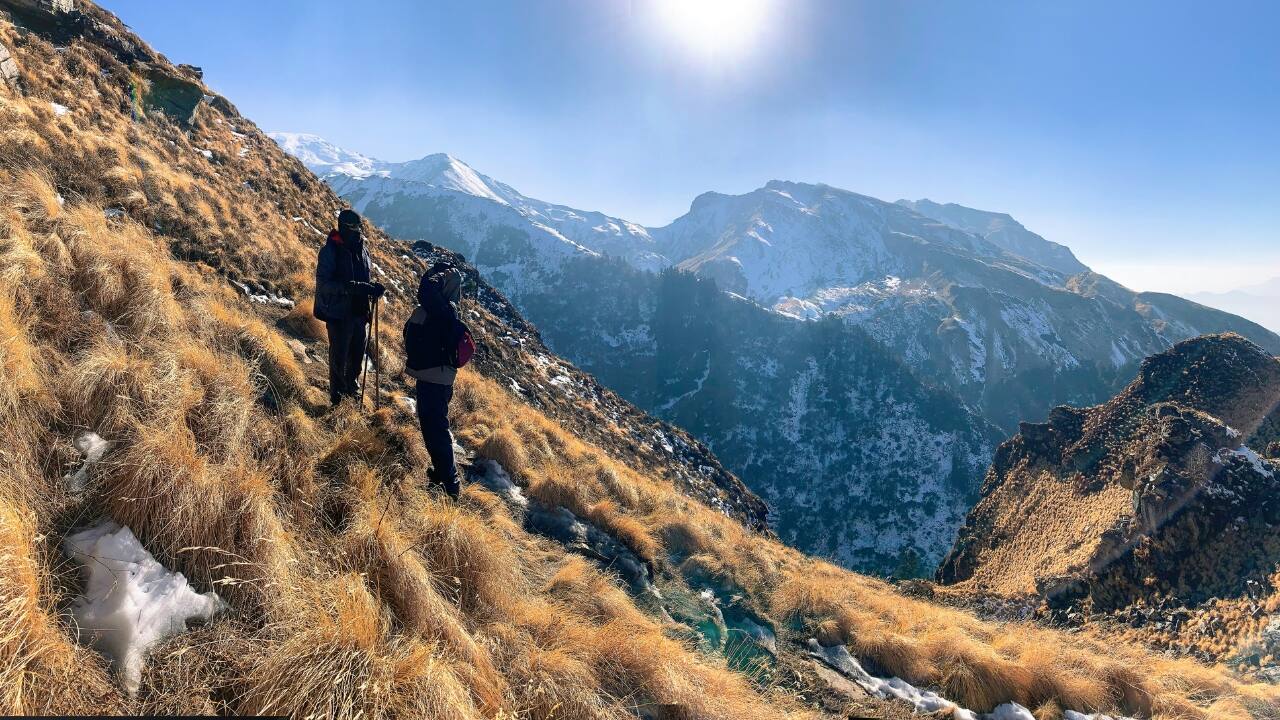 2. Kedarkantha Trek A dream for winter trekking lovers, the Kedarkantha trek is a snow lover's paradise. Walk through snow-covered meadows and ancient forests in Uttarakhand as you reach the summit for jaw-dropping panoramic views. (Image: Canva)
