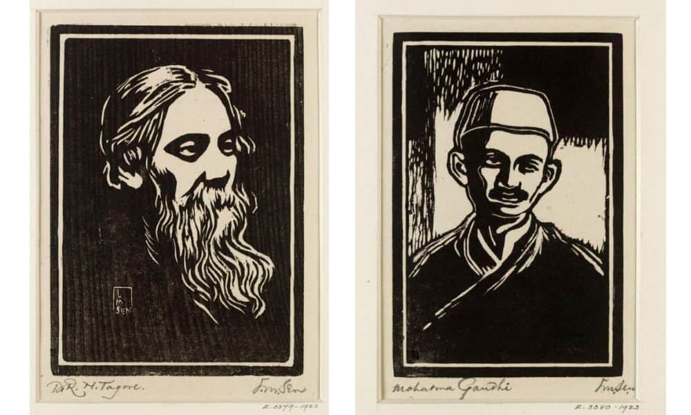 Rabindranath Tagore and Mahatma Gandhi woodcuts by Lalit Mohan Sen.