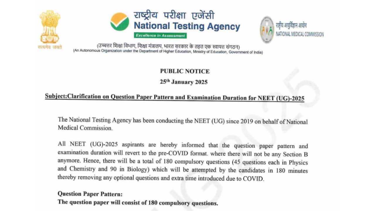 NEET UG 2025 NTA Revises Exam Pattern, Removes Optional Questions in