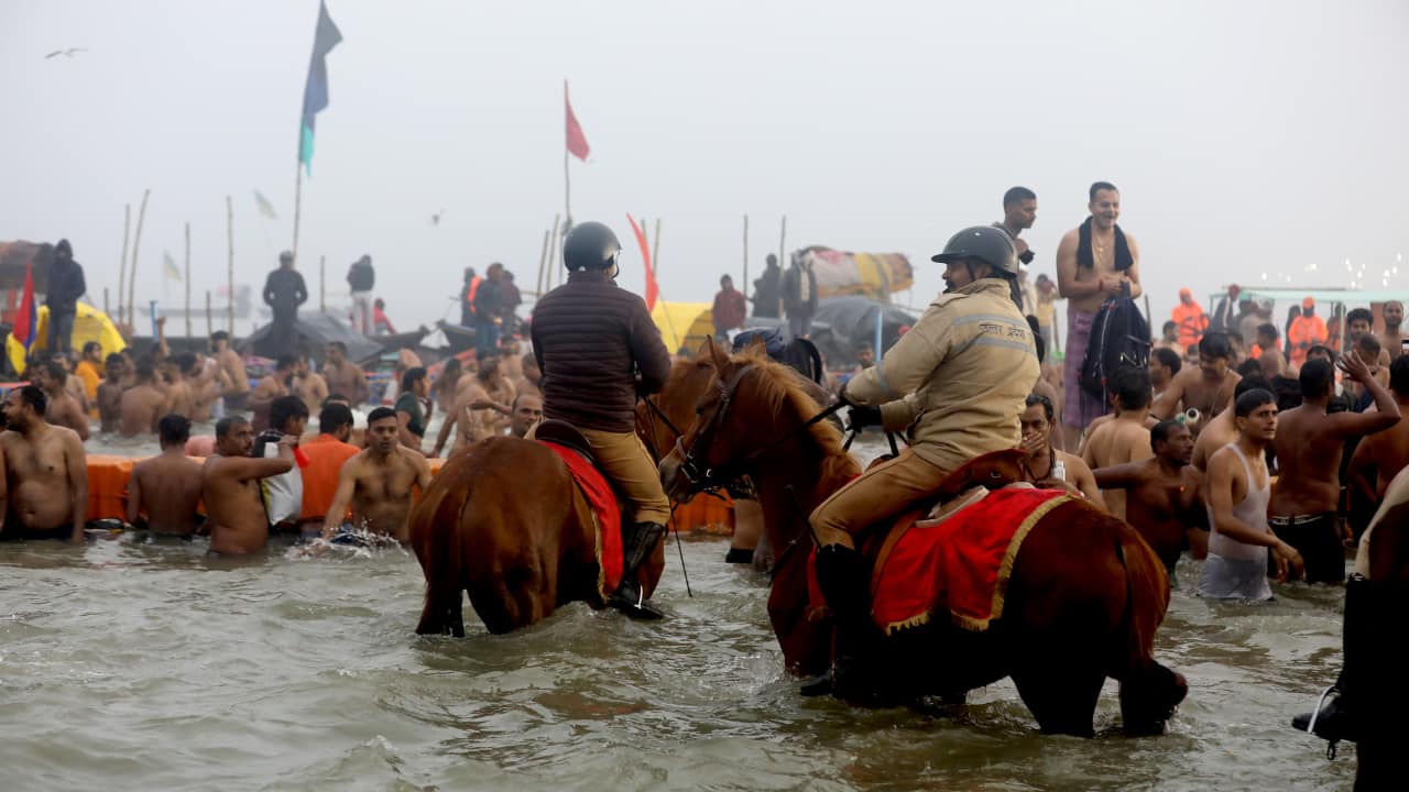 Dedicated Police Force: The police force at Maha Kumbh works tirelessly to manage massive crowds, ensuring the safety and smooth flow of pilgrims throughout the event. (Image: Sanjit Kumar)