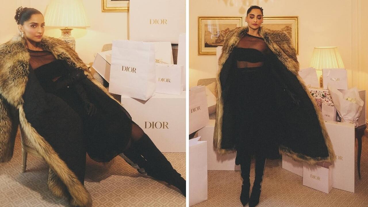 Sonam Kapoor donned a monochrome, fluid sheer dress from Dior’s Spring/Summer 2025 collection, paired with a commanding faux fur coat from the couture house’s Resort 2025 collection (Images: @rheakapoor/Instagram)