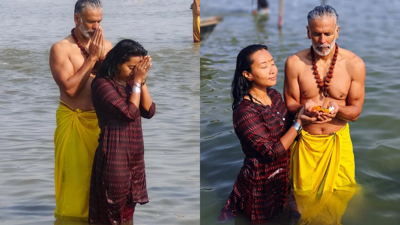 Milind Soman takes a holy dip at Kumbh Mela with wife Ankita Konwar