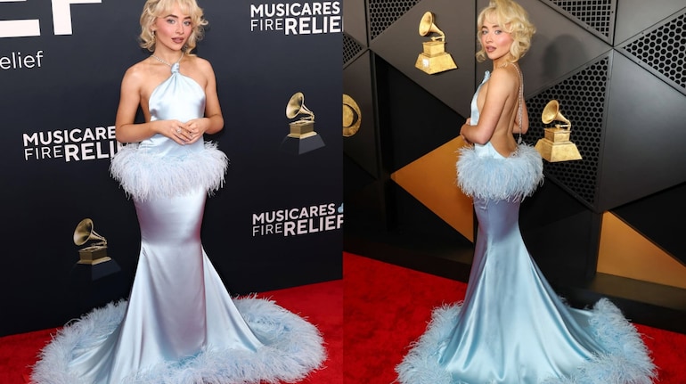 Sabrina Carpenter stuns in blue feather custom gown by JW Anderson at