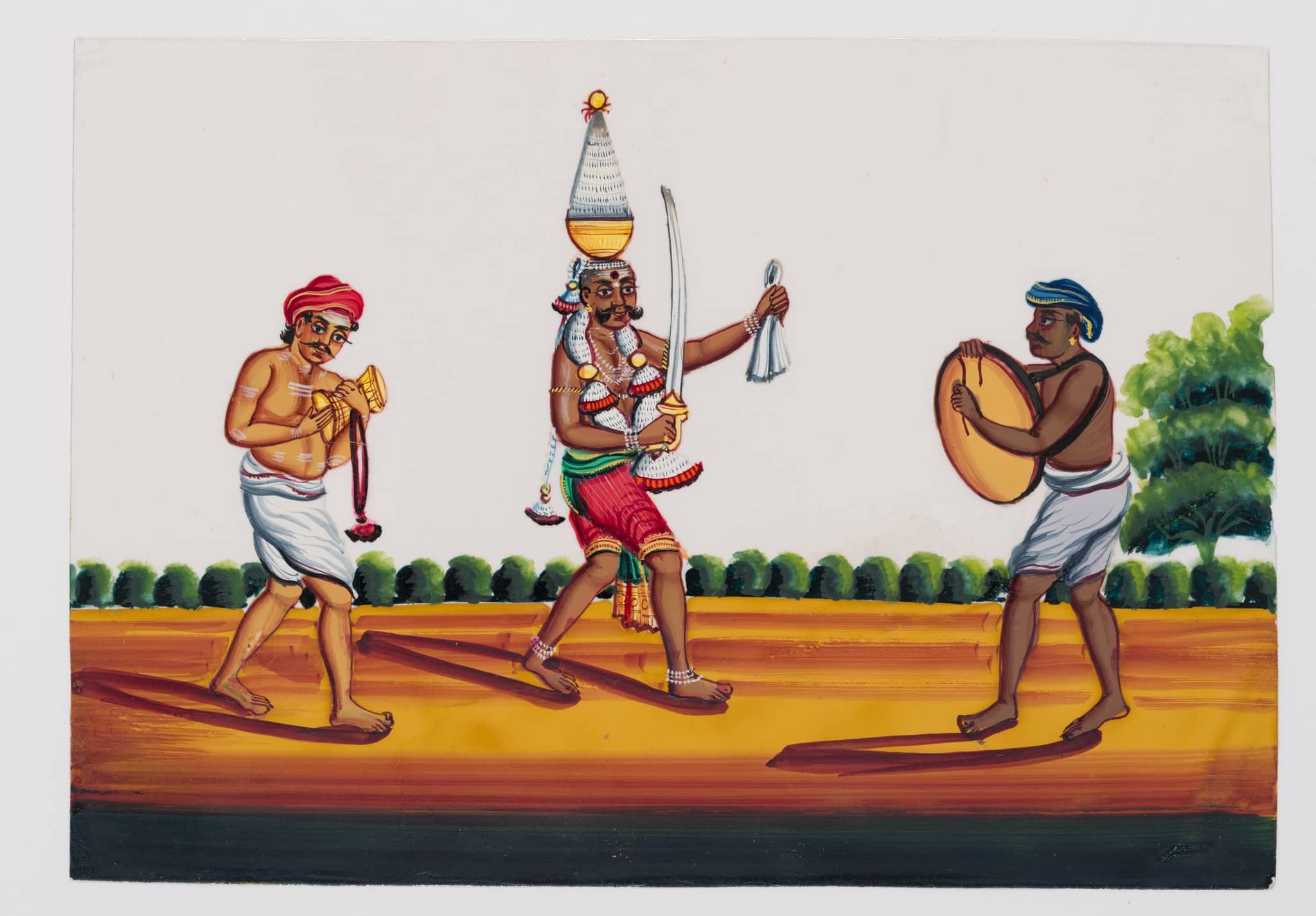 The larger, landscape mica paintings are from south India. Pictured here: Mariamman Procession, 19th century Trichinopoly (Tiruchirappalli), Tamil Nadu, Gouache on mica, H. 10.7 cm, W. 15.2 cm, (Photo credits: Philippe Calia via MAP, Bengaluru)
