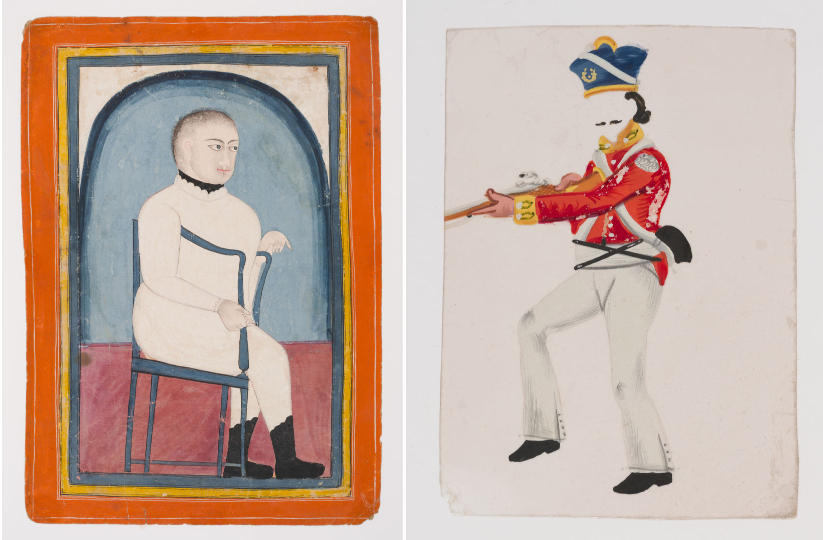 (from left) Portrait of a European Man, 19th Century, Mewar, Rajasthan, Opaque watercolour on paper, Image: H. 25.8 cm, W. 16.2 cm; Overall: H. 32 cm, W. 22.5 cm; and A Sepoy, 19th century, Patna, Bengal Presidency, Gouache on mica, H. 10.3 cm, W. 7.4 cm (Images via MAP Bengaluru)