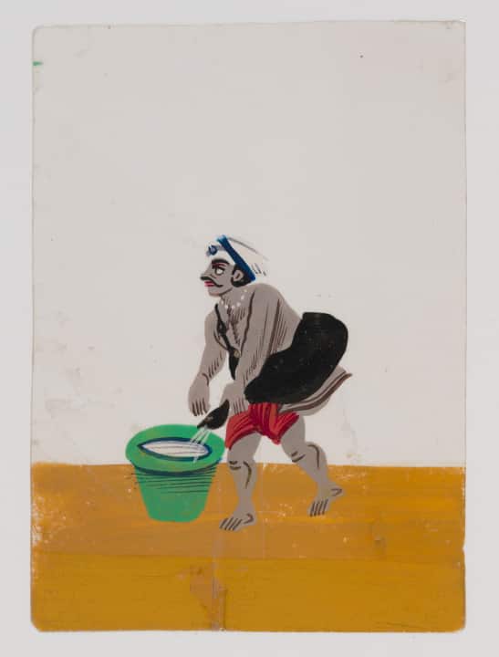 Bhisti (Water Carrier), 19th century, Patna or Murshidabad, Bengal Presidency, Gouache on mica, H. 10 cm, W. 7 cm (cropped). (Images via MAP Bengaluru)