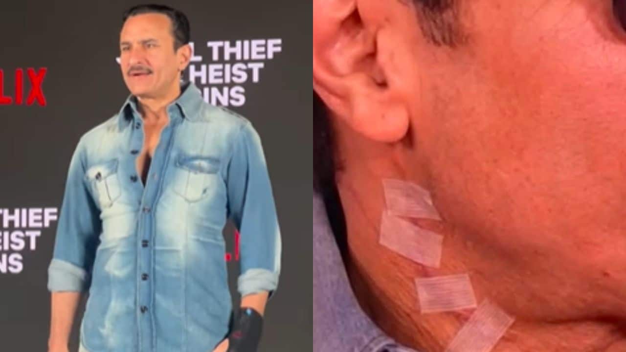 Actor Saif Ali Khan shows signs of neck injury during appearance at Netflix event after stabbing attack