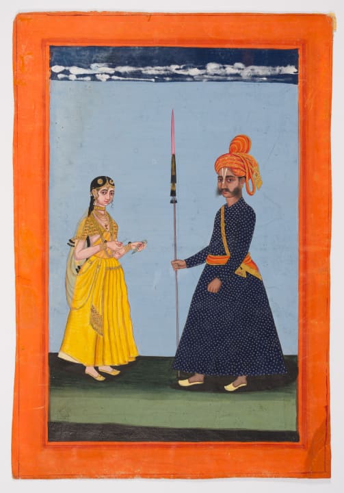 Paper continued to be used, even as mica paintings gained popularity. Pictured here: Warrior with his Wife, c. 1770, Tanjore (Thanjavur), Tamil Nadu, Gouache on paper, H.37.1 cm, W.25.3 cm. (Image courtesy MAP)