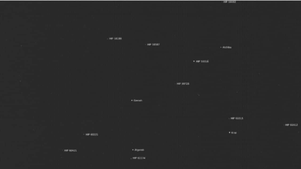 This version of a mosaic captured by the star tracker cameras aboard NASA's Europa Clipper on Dec. 4, 2024, features the names of stars within view of the cameras. (Image: NASA/JPL-Caltech)