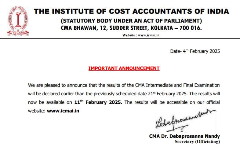 ICMAI CMA Final, Intermediate December 2024 results preponed, to be out on February 11