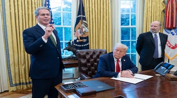 Scott Bessent and Donald Trump at the White House in Washington, DC, on Feb. 3. Photographer: Chris Kleponis/CNP/Bloomberg