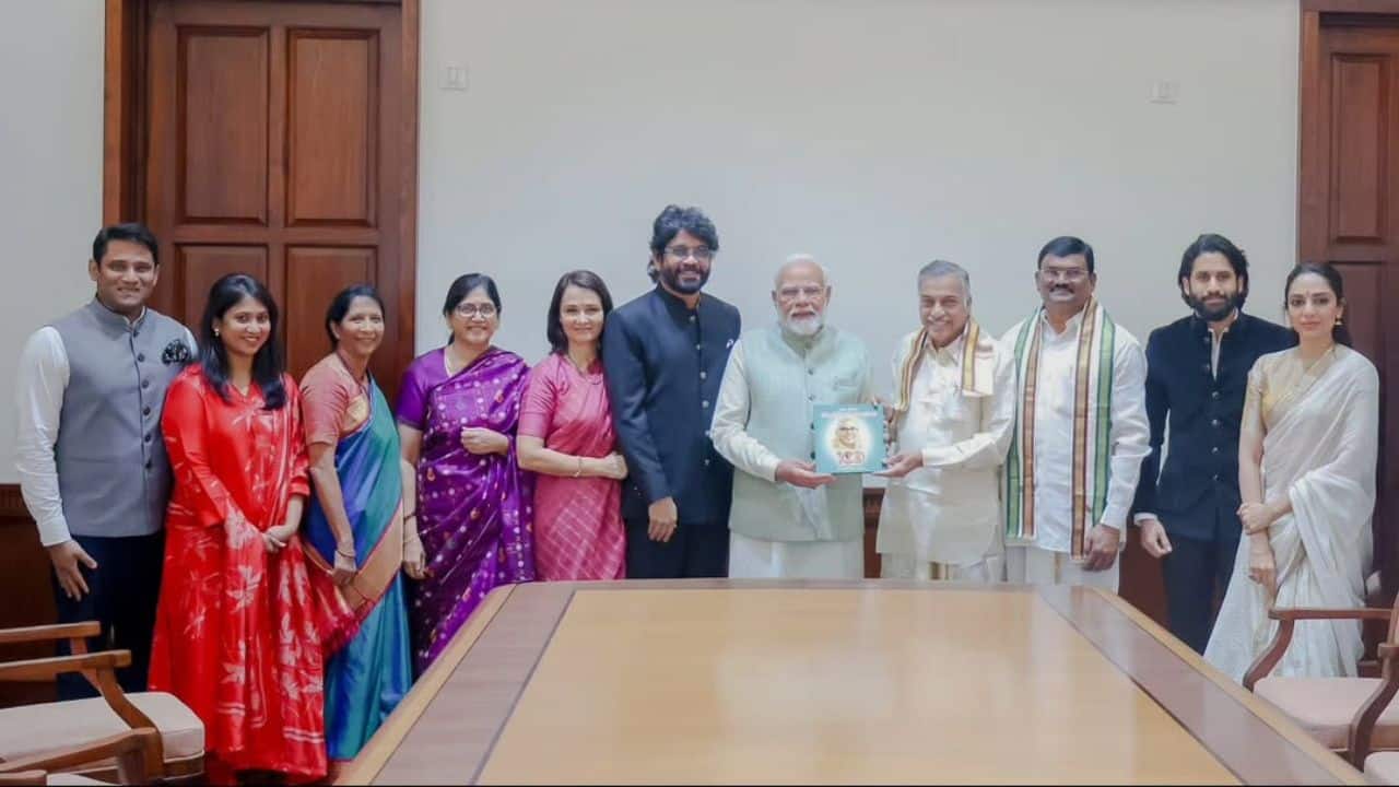Nagarjuna, son Naga Chaitanya, Sobhita Dhulipala meet PM Narendra Modi, gift him book on ANR